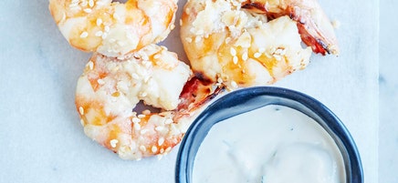 Sesame baked prawns with tahini yoghurt dipping sauce