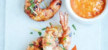 Spanish prawns with almond and roasted capsicum dressing