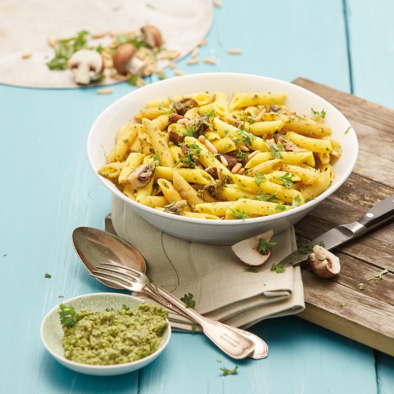 Champignon-Pasta mit Erbsenpesto
