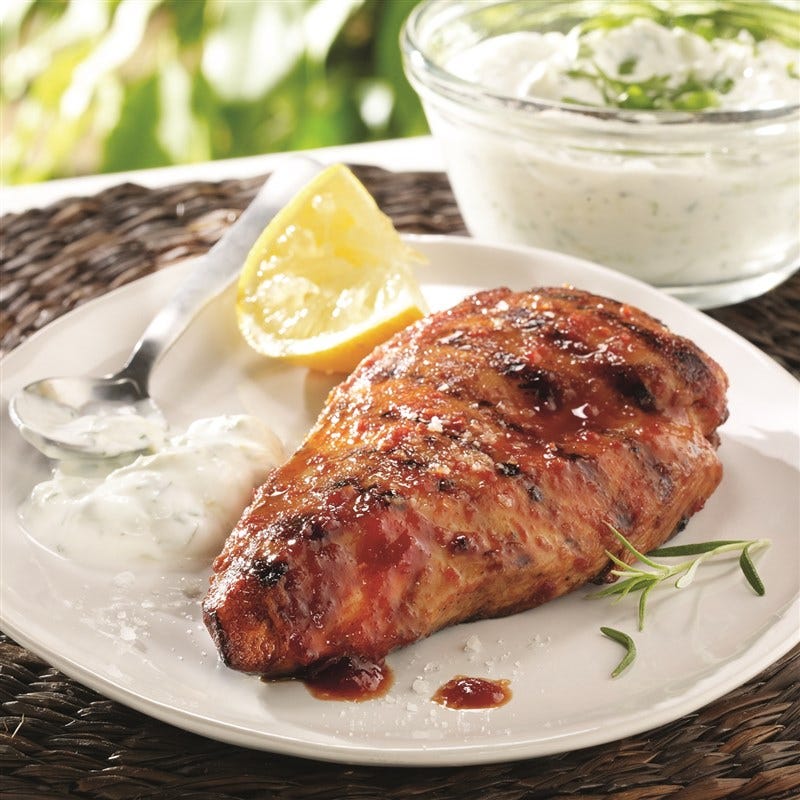 Zoet-pittige kip met komkommerplattekaas