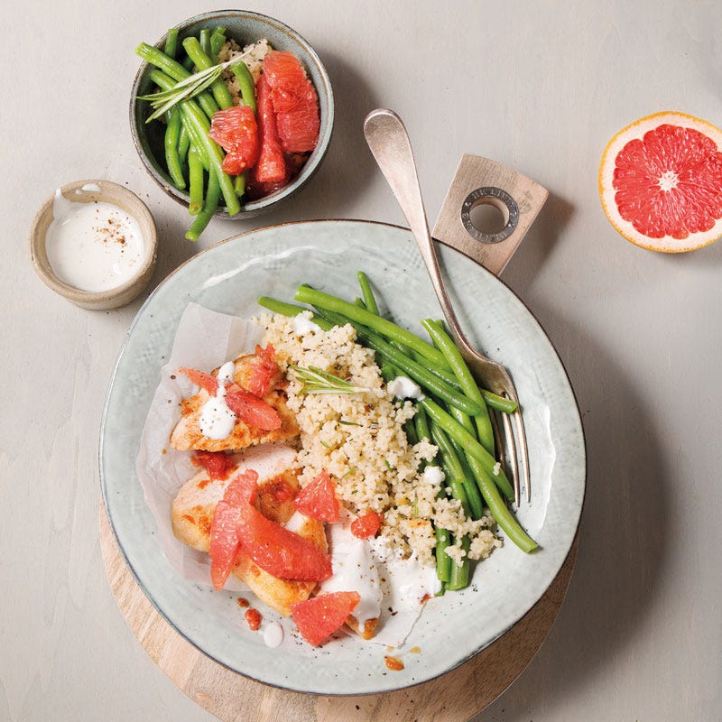 Grapefruitpute mit Rosmarincouscous und Bohnen
