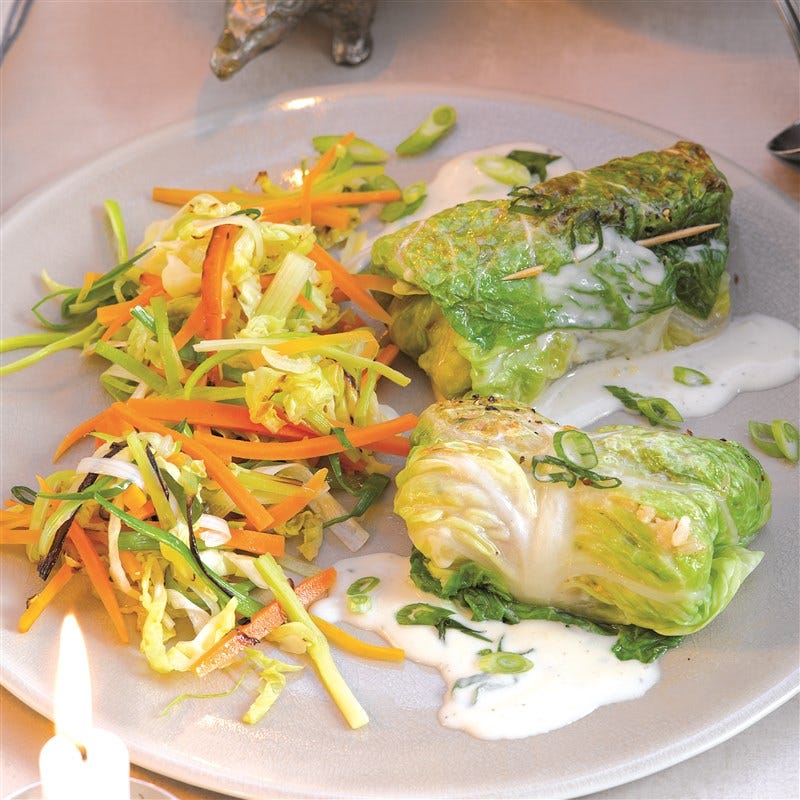 Gesmoorde savooiekoolpakketjes met risotto