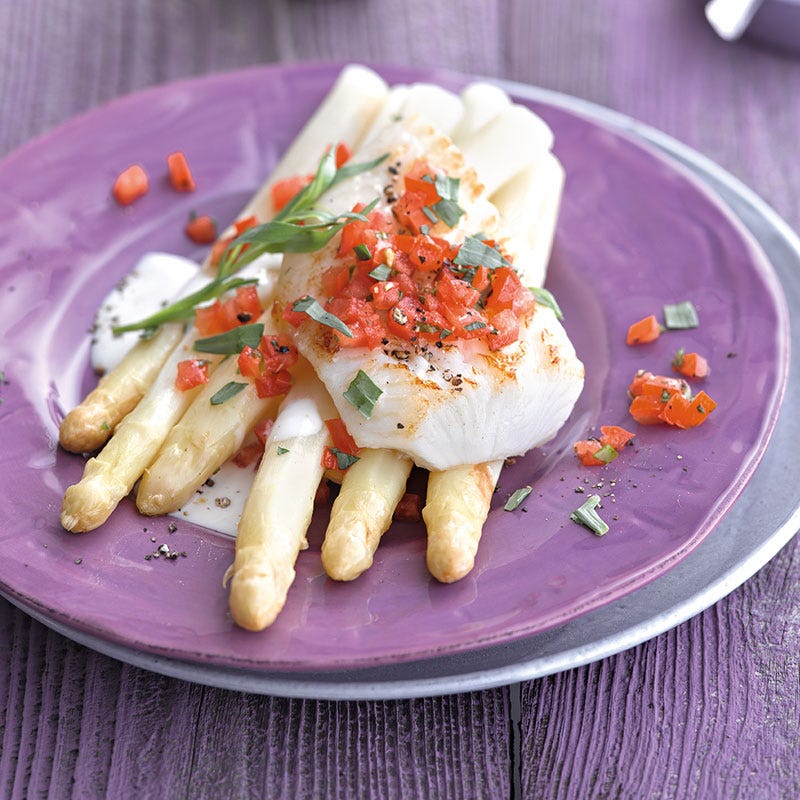 Heilbutt mit Zitronensauce und Ofenspargel