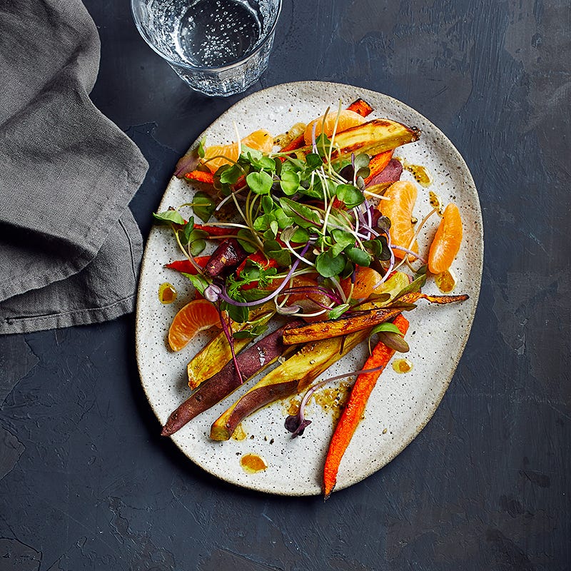 Roasted Korean yams and carrots with clementine-mustard drizzle