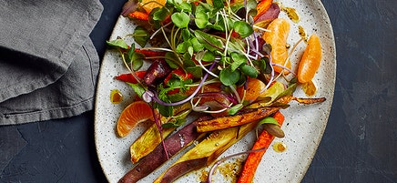 Roasted Korean yams and carrots with clementine-mustard drizzle