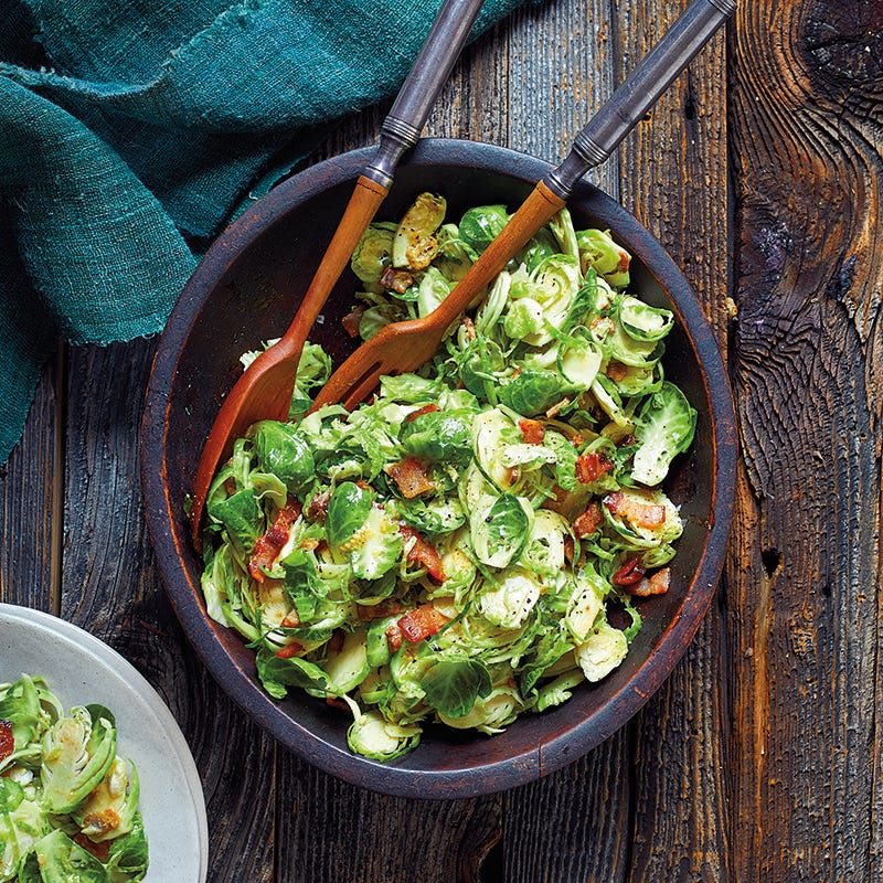 Shredded Brussels Sprouts with Hot Bacon Dressing