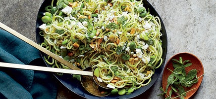 Zucchini noodles with fava beans, mint and garlic