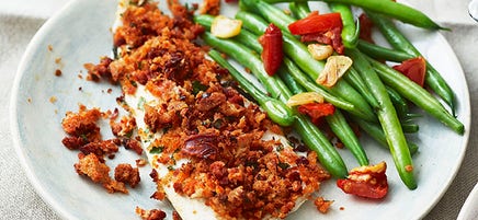 Sea bass fillets with chorizo crumb