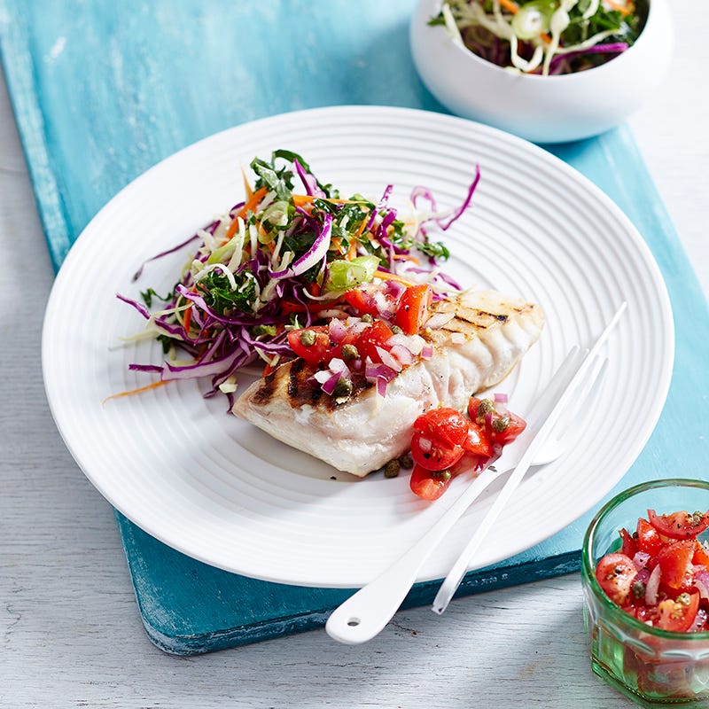 Grilled fish with tomato, parsley and caper salsa