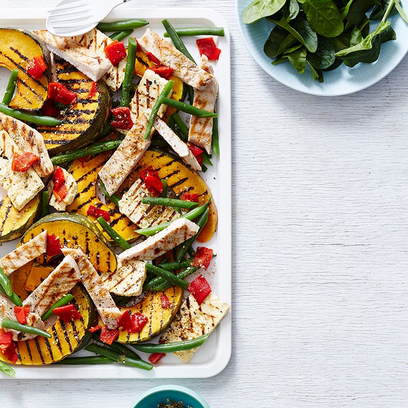 Chargrilled turkey, pumpkin, haloumi and dukkah salad