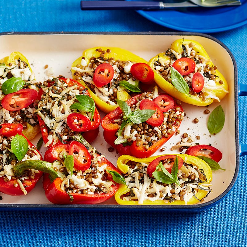 Barbecued stuffed capsicums with lentils and feta