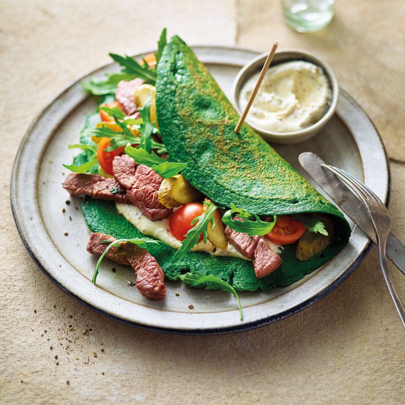 Spinat-Pfannkuchen mit Rinderfiletstreifen