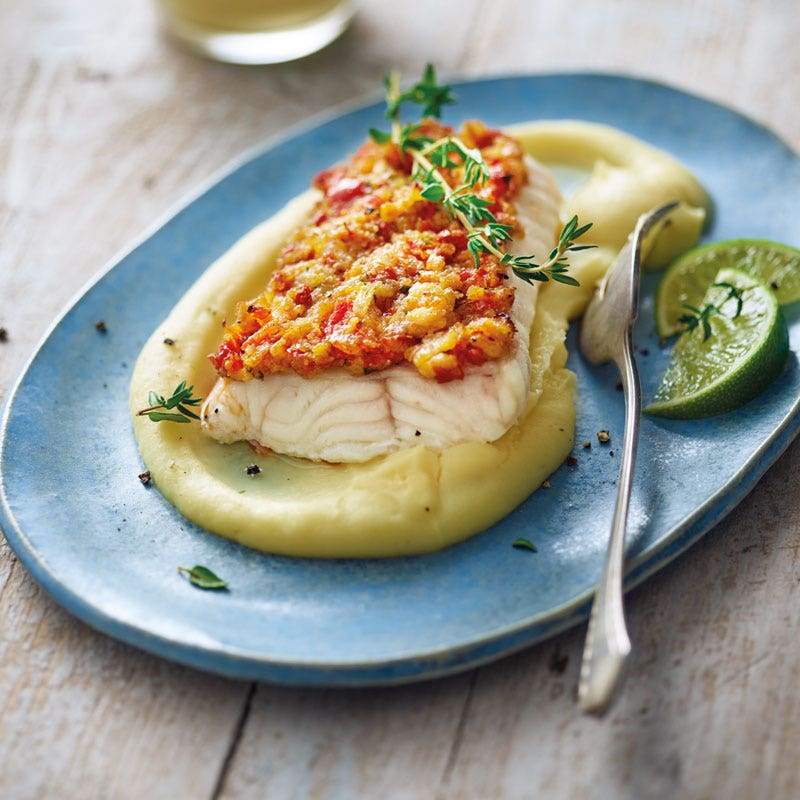 Steinbeißerfilet mit Tomatenkruste und Petersilienwurzelpüree