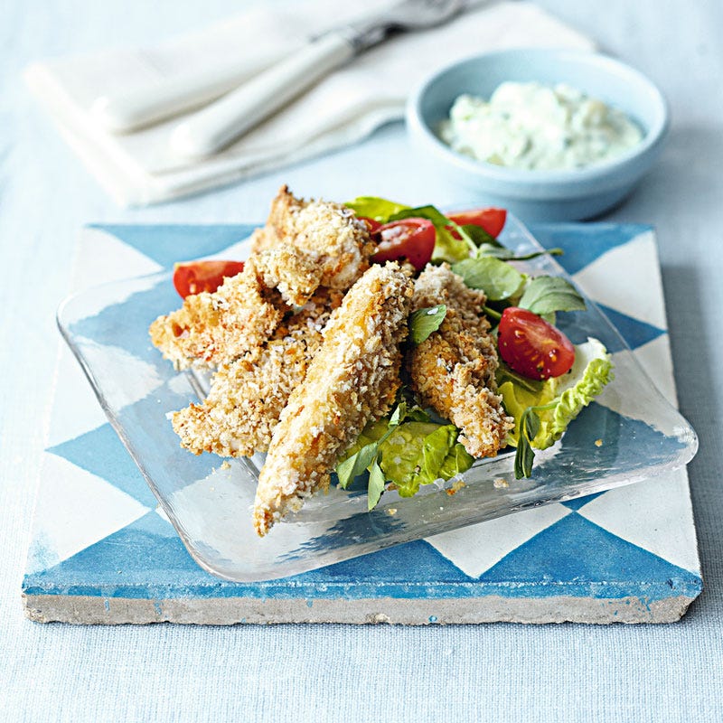 Gebackene Hähnchenstreifen mit Tzatziki