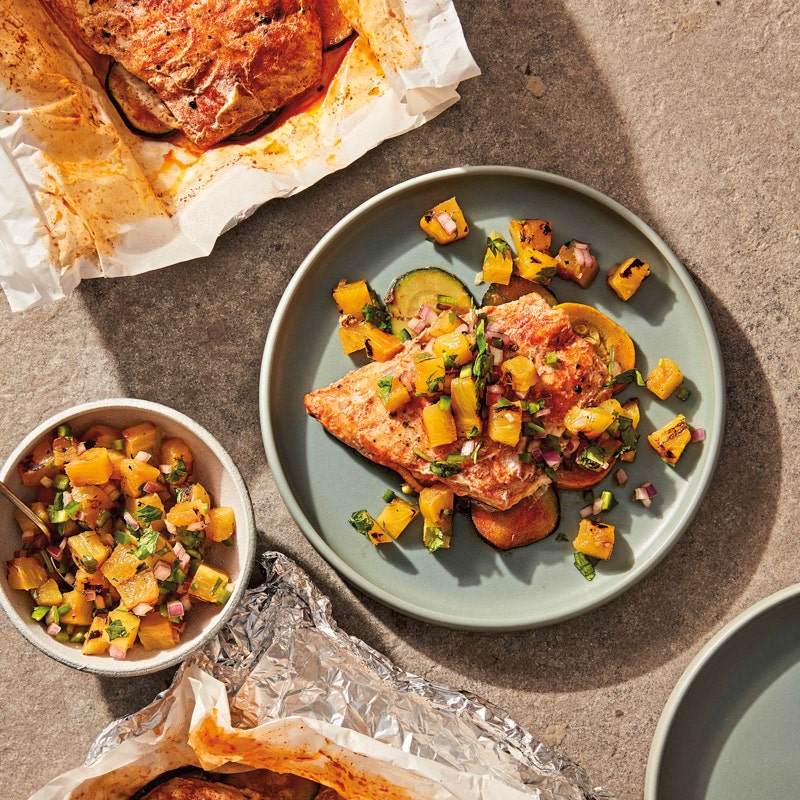 Grilled snapper packets with charred-pineapple salsa