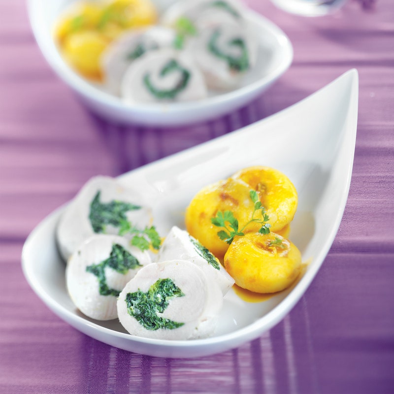 Médaillons de poulet, navets laqués