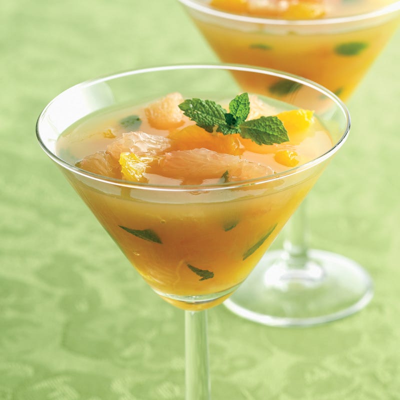 Agrumes rafraîchis à la menthe, gelée de thé vert
