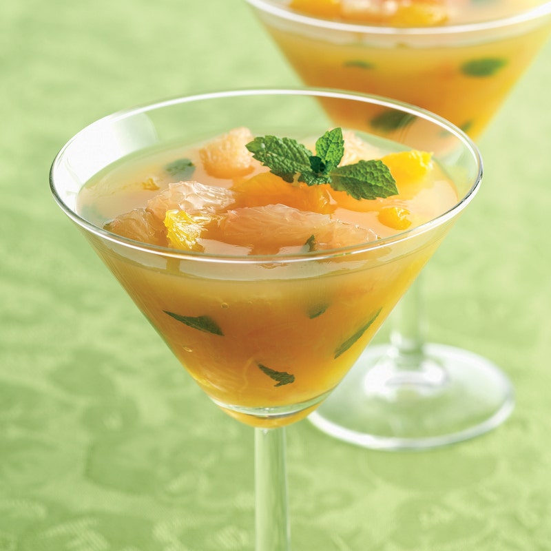 Agrumes rafraîchis à la menthe, gelée de thé vert