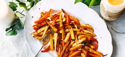 Maple & chilli-spiced roasted root vegetables