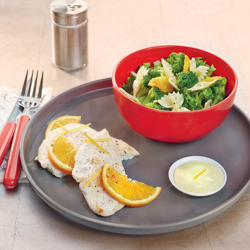 Filet de dinde, pâtes en sauce