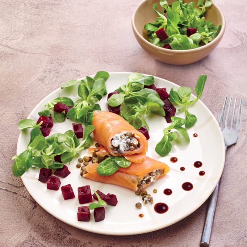 Roulés de truite fumée aux lentilles