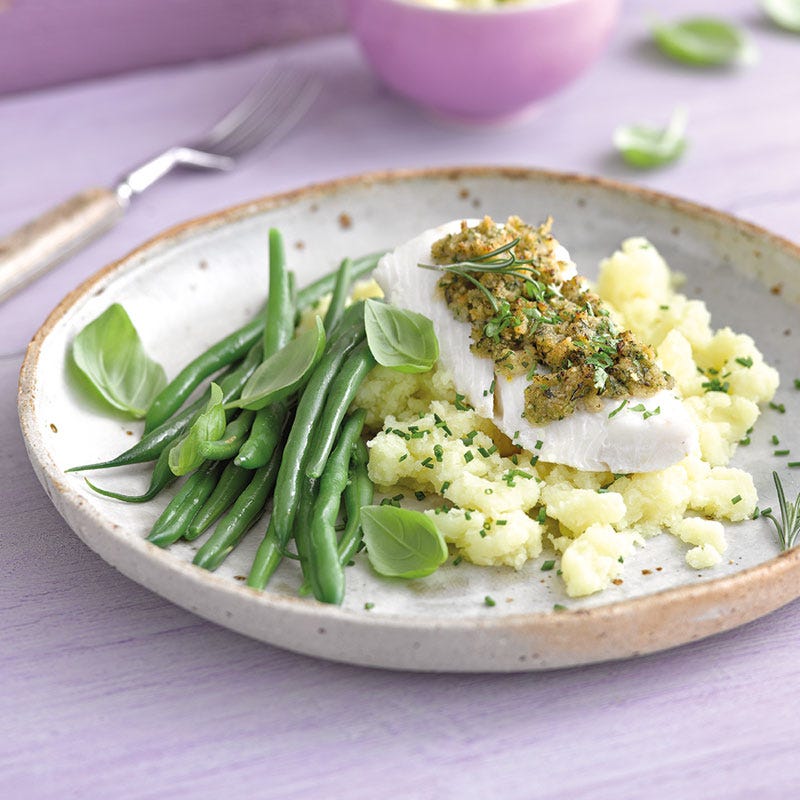 Schellfisch mit Kräuterkruste und Kartoffelstampf