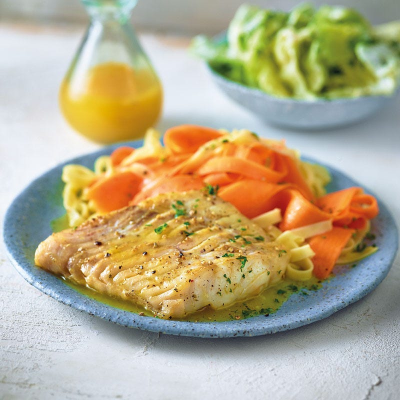Kabeljau in Orangensauce mit Nudeln