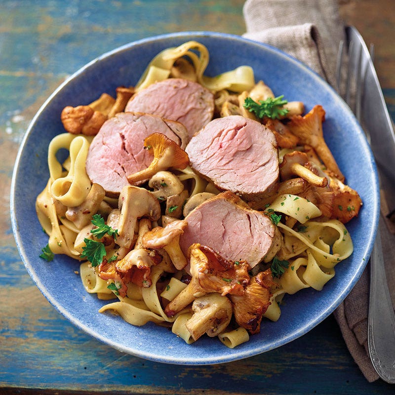 Nudeln in Weisswein-Pilz-Sauce mit Schweinsfilet