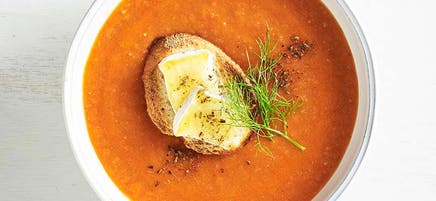 Roasted tomato, capsicum and fennel soup with brie toast