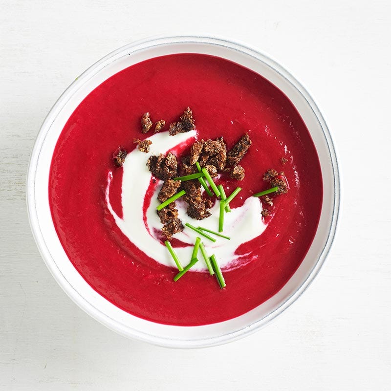 Beetroot and potato soup with pumpernickel crumb