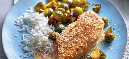 Kokospoulet mit gebackenem Rosenkohl