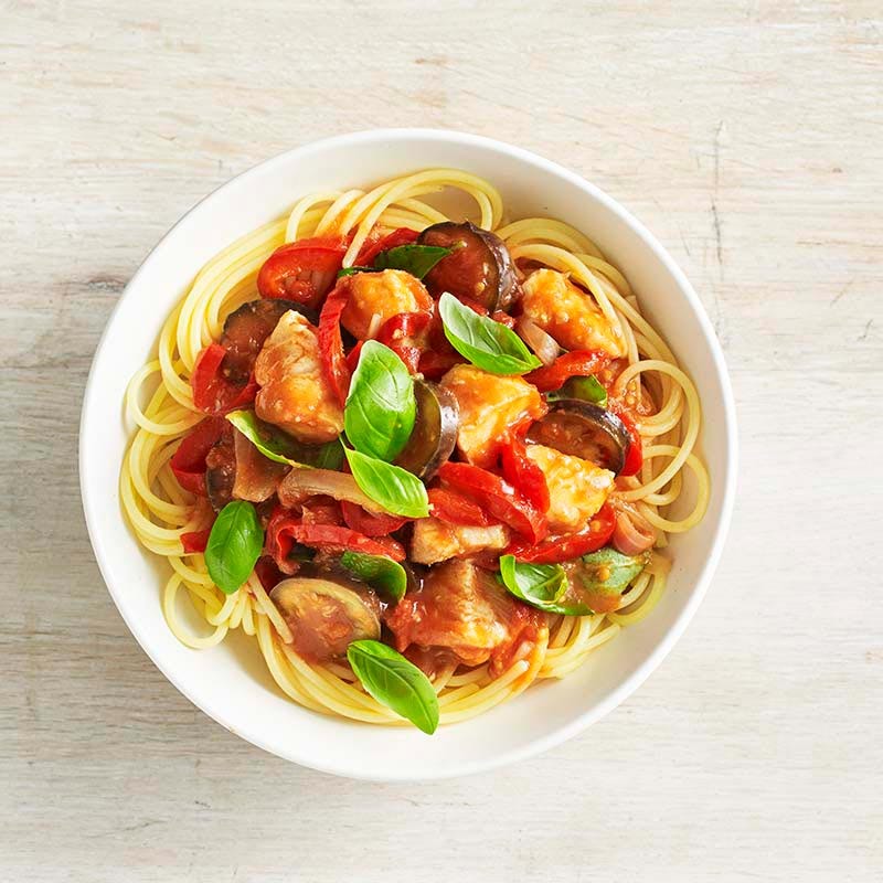 Spaghetti with fish and tomato basil sauce