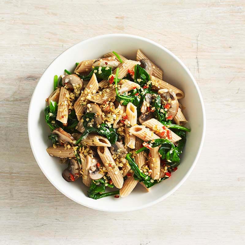 Mushroom and spinach pasta with chilli crumbs