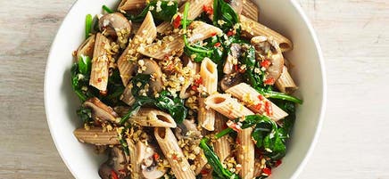 Mushroom and spinach pasta with chilli crumbs