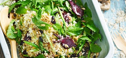 Grain salad with roasted beets, asparagus and seeds