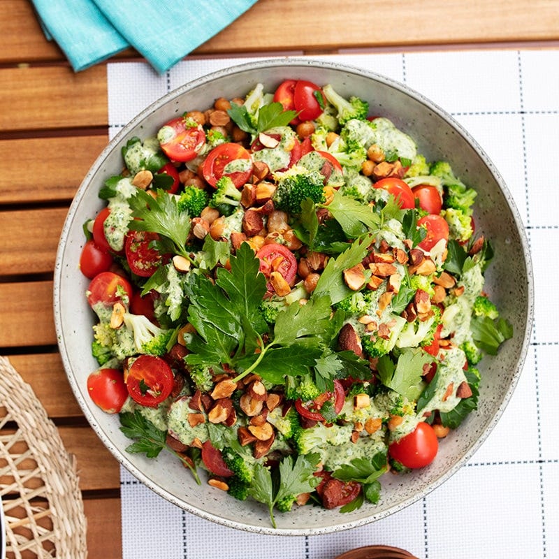 Broccoli and chickpea salad with green tahini and almonds