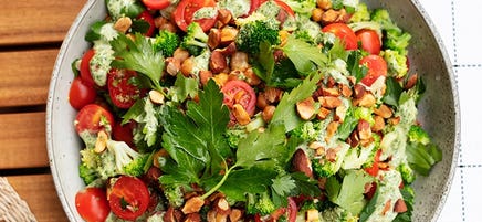 Broccoli and chickpea salad with green tahini and almonds