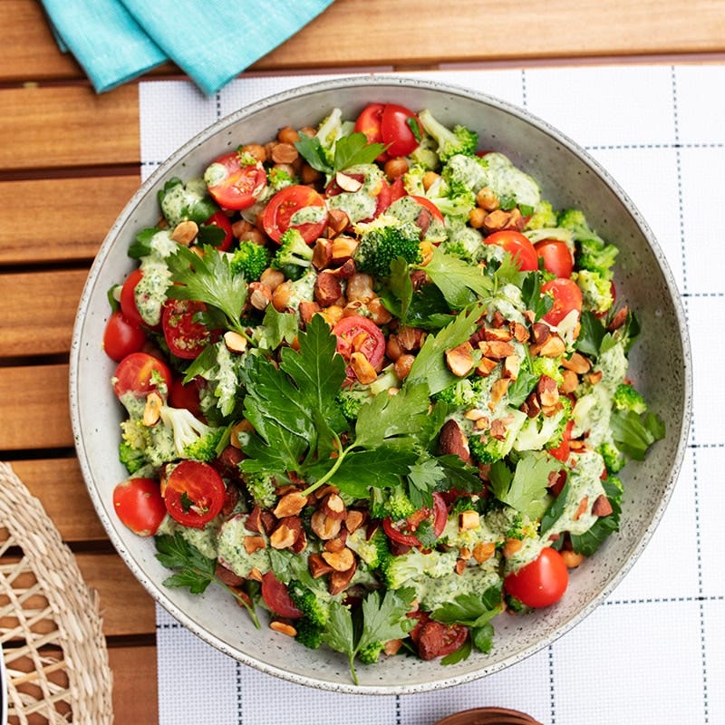 Broccoli and chickpea salad with green tahini and almonds