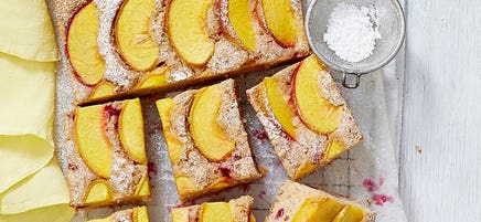 Peach, almond and raspberry tray cake