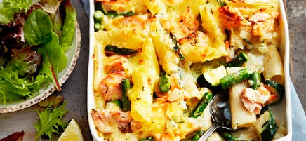 Salmon and asparagus pasta bake