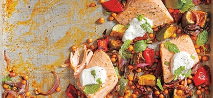 Roasted Salmon with Chickpeas, Zucchini, and Red Peppers