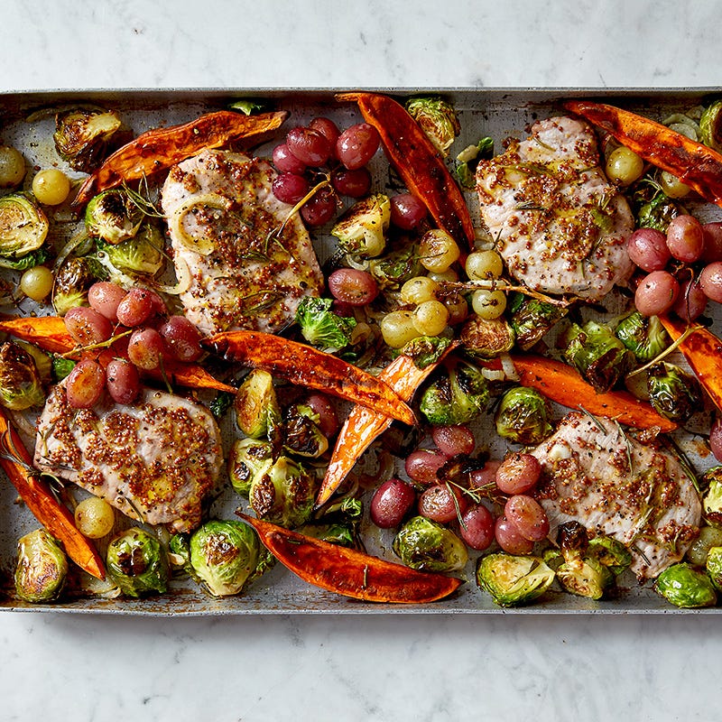 Rosemary pork with brussels sprouts, sweet potatoes, and grapes