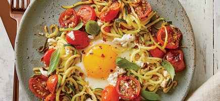 Egg in a Zucchini Noodle Nest with Tomato, Basil & Ricotta Salata