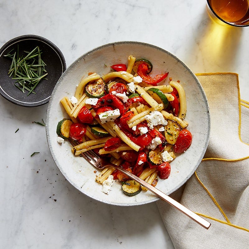 Pasta with rosemary-roasted vegetables and feta