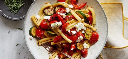 Pasta with rosemary-roasted vegetables and feta