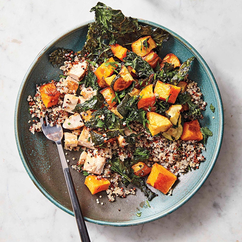 Grain bowl with roasted veggies, chicken, & turmeric-yogurt