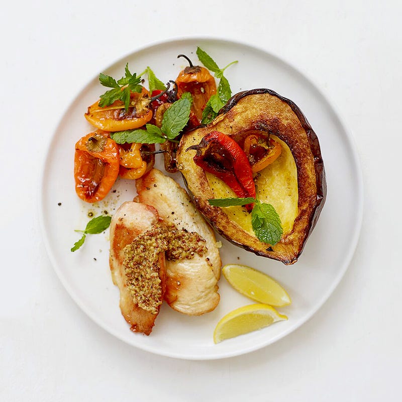 Roasted chicken with squash and peppers