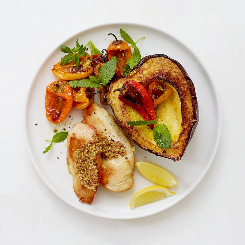 Roasted chicken with squash and peppers