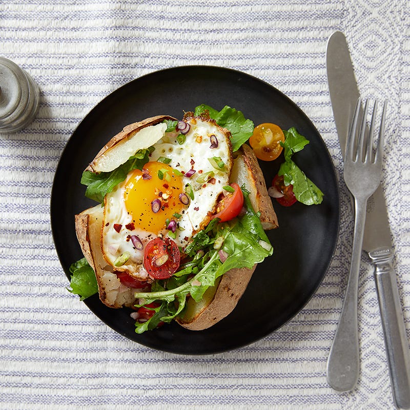 Arugula salad and egg baked potatoes