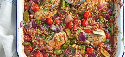 Mediterranean chicken & orzo bake